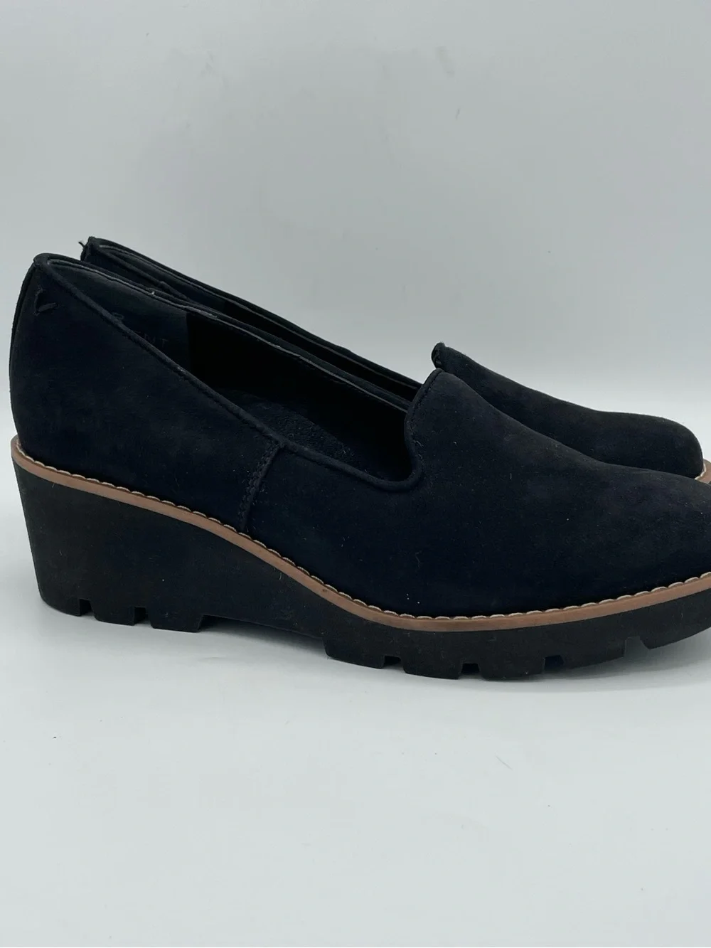 Vionic Willa Black Suede Wedge Loafers - Slip-On Comfort.